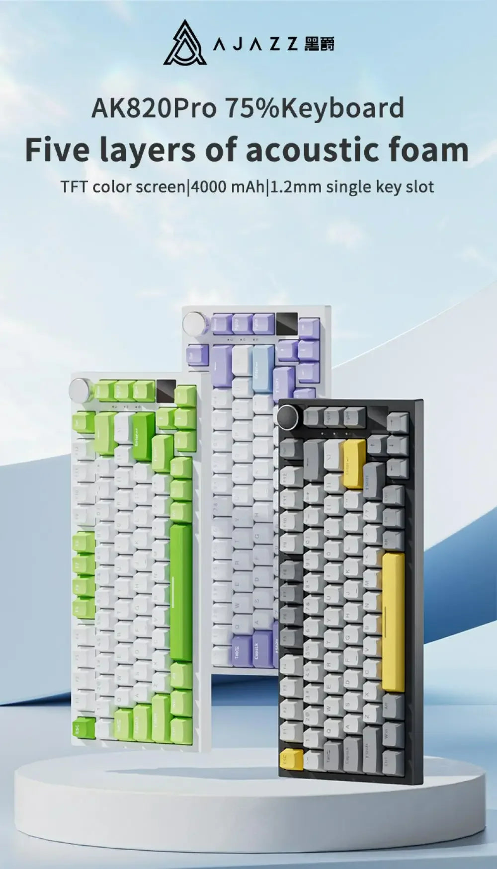 AJAZZ AK820/AK820Pro Mechanical Keyboard TFT Screen Multifunctional Knob Gaming Keyboard Wired/2.4GHz/BT Connect PC Keyboard