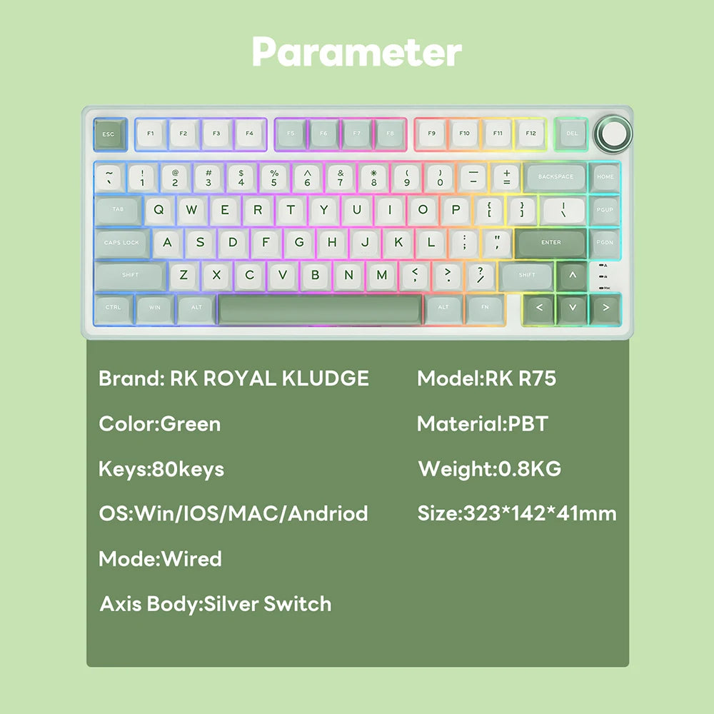 RK R75 Royal Kludge Wired Mechanical Keyboard 80 Keys 80% Gasket RGB Backlit Hot-swappable Gaming Keyboard with MDA PBT Keycaps